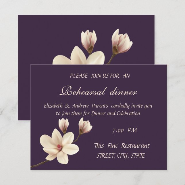 Elegant Chic Magnolia  Rehearsal Dinner Invitation (Front/Back)
