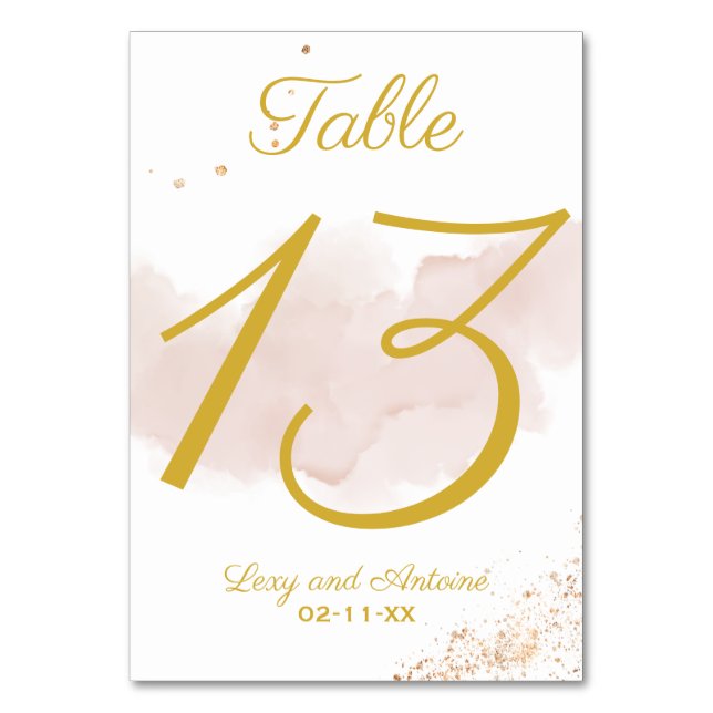 Elegant Chic Mauve Watercolor Gold Splatter Script Table Number (Back)