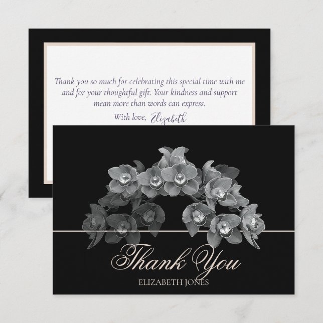 Elegant Chic Modern Black White Orchid Thank You Card (Front/Back)