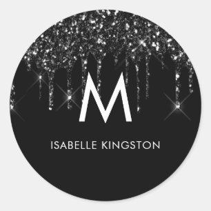 Elegant Chic Monogram Black Glitter Drips Classic Round Sticker