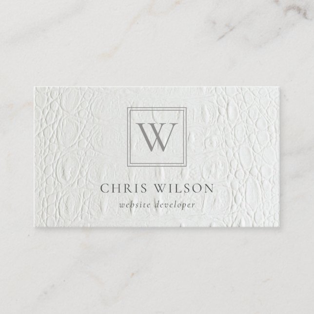Elegant Chic Monogram Ivory White Leather Texture Business Card (Front)