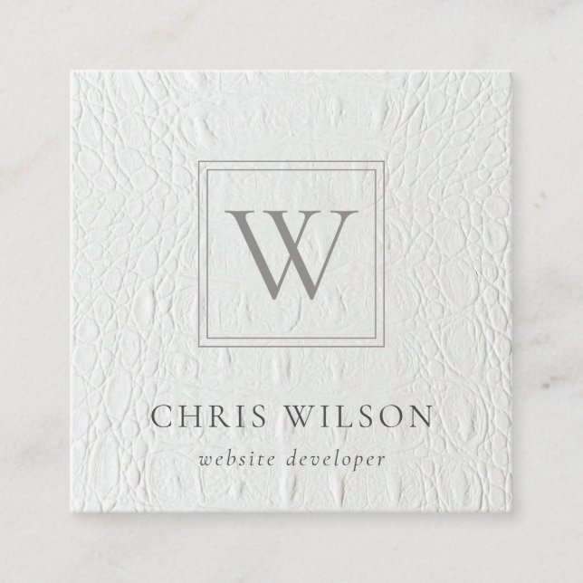 Elegant Chic Monogram Ivory White Leather Texture Square Business Card (Front)
