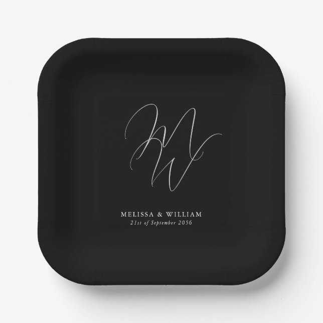 Elegant Chic Monogram Modern Black Wedding Paper Plate (Front)