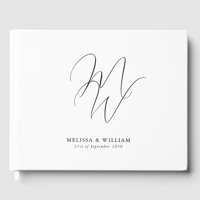 Elegant Chic Monogram Modern White Wedding Guest Book (Front)