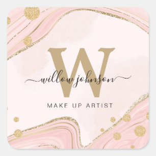 Elegant Chic Monogram Pink Gold Glitter Marble Square Sticker