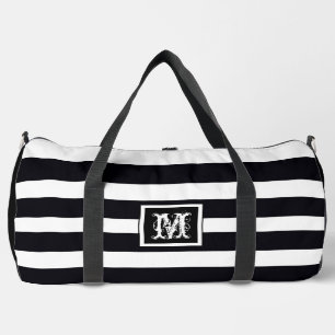 Elegant Chic Monogram Simple B & W Stripes Large Duffle Bag