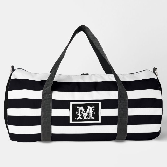 Elegant Chic Monogram Simple B & W Stripes Large Duffle Bag (Front)