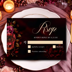 Elegant chic moody red black floral Wedding  RSVP Card