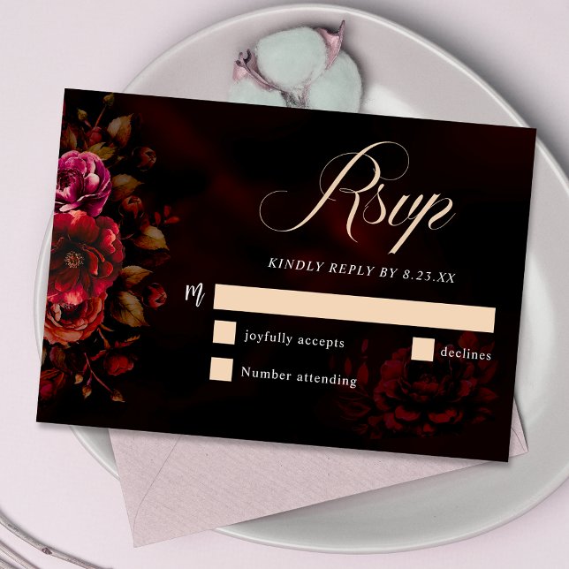 Elegant chic moody red black floral Wedding  RSVP Card (Creator Uploaded)