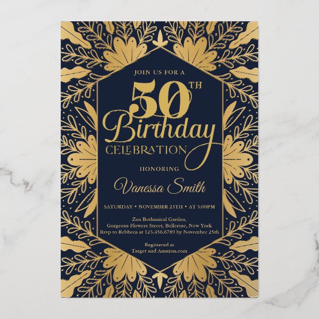 Elegant chic navy and real gold foil 50th birthday (Front)