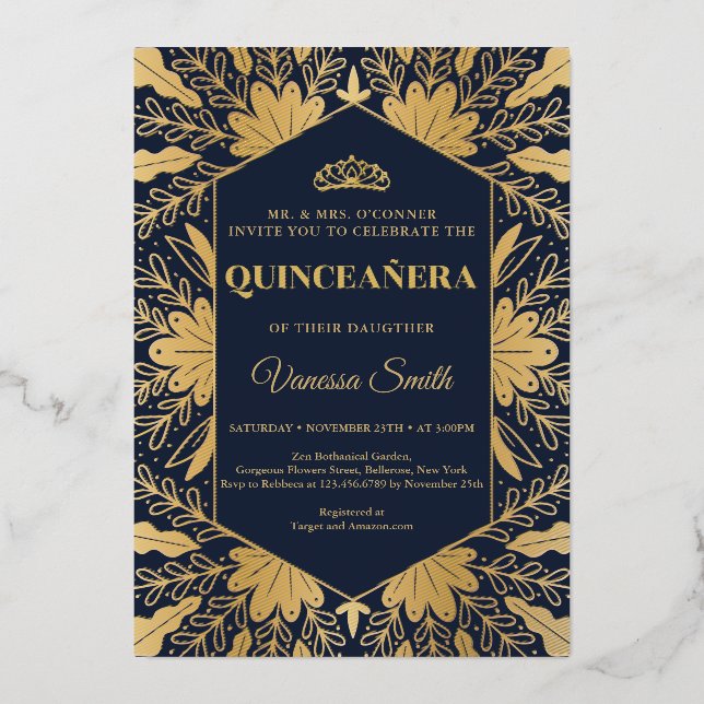 Elegant chic navy and real gold foil quinceanera (Front)