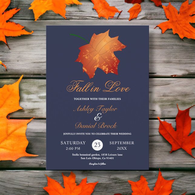 Elegant Chic Navy Blue Fall Leaves Floral Wedding Invitation (Creator Uploaded)