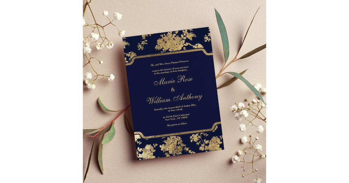 Elegant chic navy blue faux gold floral Wedding Invitation | Zazzle