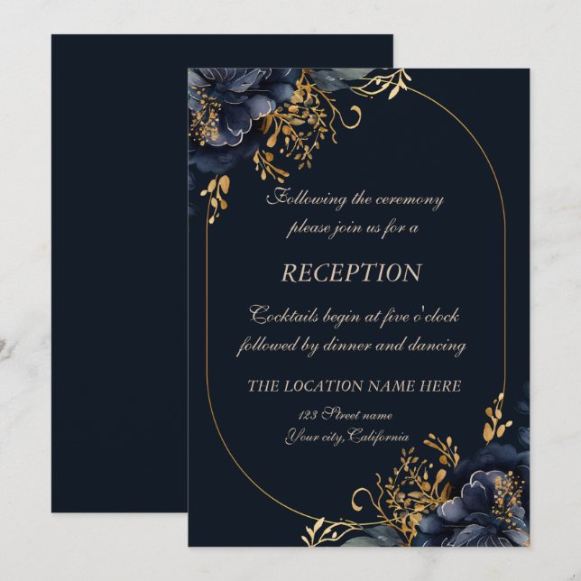 Elegant Chic Navy Blue Flowers Invitation (Front/Back)