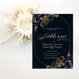Elegant Chic Navy Blue Flowers Wedding Invitation