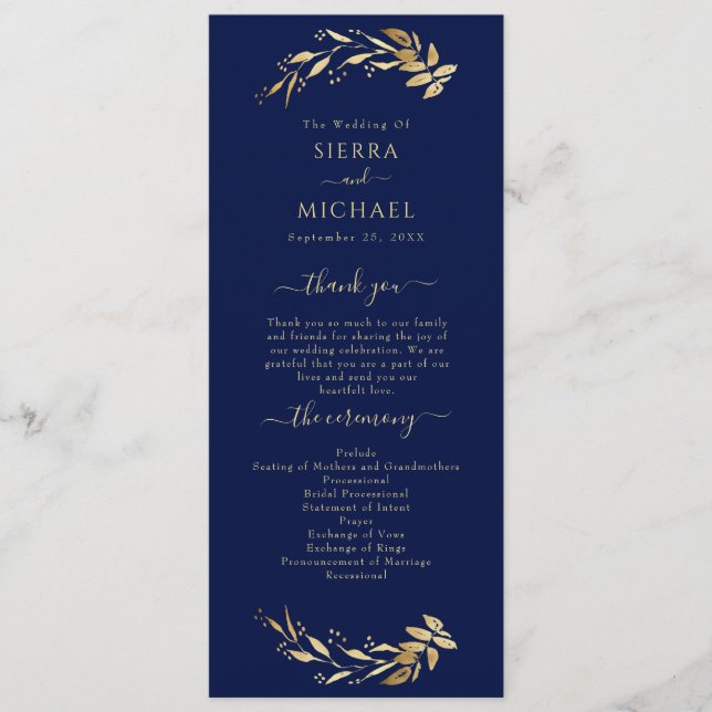 Elegant Chic Navy Blue Gold Foliage Wedding Programme (Front)