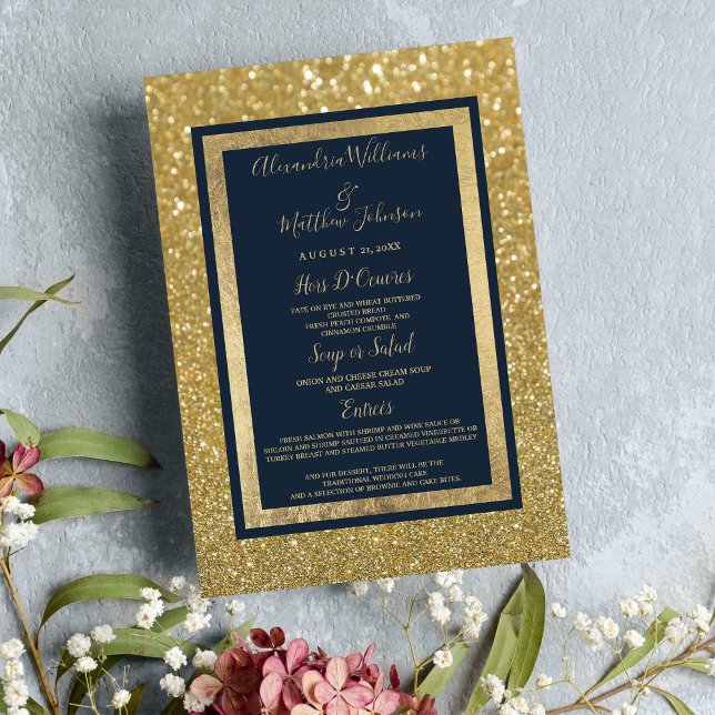 Elegant Chic Navy Blue Gold Glitter Wedding Menu (Elegant Chic Navy Blue Gold Glitter Wedding Menu)