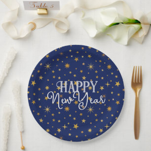Elegant Chic Navy Blue & Gold Stars Happy New Year Paper Plate