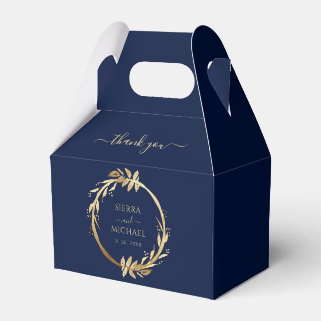 Elegant Chic Navy Blue Golden Foliage Wedding Favour Box (Front Side)