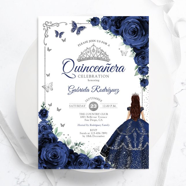 Elegant Chic Navy Blue Silver Floral Quinceanera Invitation (Creator Uploaded)