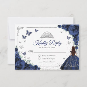 Elegant Chic Navy Blue Silver Quinceanera Reply RSVP Card