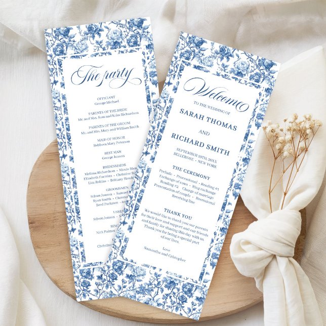 Elegant Chic Navy Blue Toile de Jouy Roses Wedding Programme (Elegant Chic Navy Blue Toile de Jouy Roses Wedding Program)