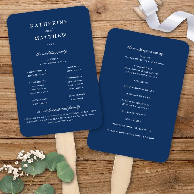 Elegant Chic Navy Blue Wedding Ceremony Program Hand Fan (Elegant Chic Navy Blue Wedding Ceremony Program Fan)