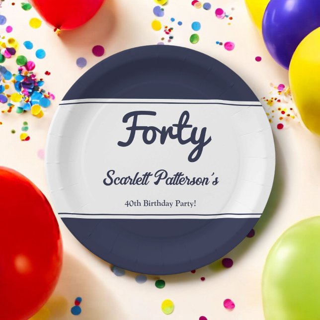 Elegant Chic Navy Blue White Modern 40th Birthday Paper Plate (Creator Uploaded)