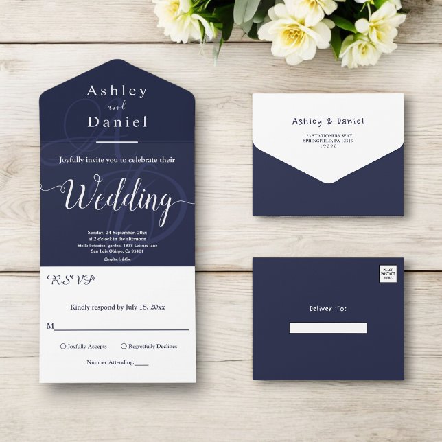 Elegant Chic Navy Blue White Monogram Wedding All In One Invitation (Creator Uploaded)