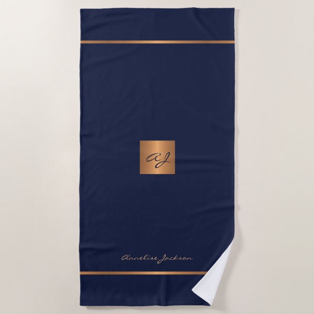 Elegant chic navy gold modern monogrammed stripes beach towel (Front)