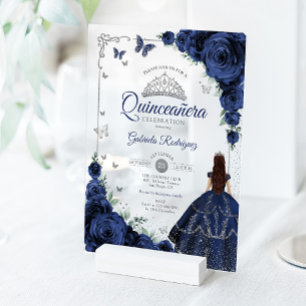 Elegant Chic Navy Roses Silver Quinceanera Acrylic Invitations