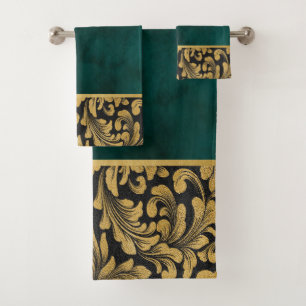 Elegant Chic Old Gold Swirls Green Bath Towel Set