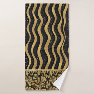 Elegant Chic Old Gold Swirls Lines Black Bath Towel Set