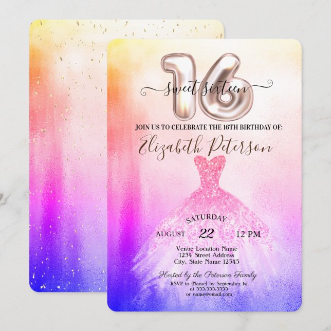 Elegant Chic Ombre Dress Confetti Sweet 16  Invitation (Front/Back)