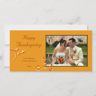 Elegant chic orange scroll Thanksgiving greeting Holiday Card