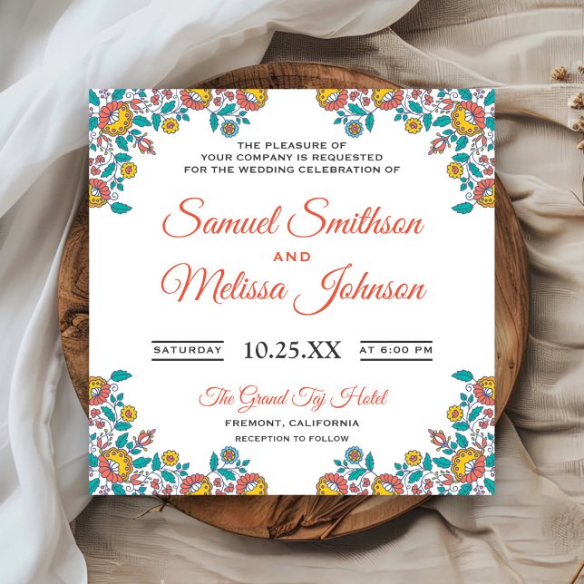 Elegant Chic Orange Teal Floral Wedding Invitation (Creator Uploaded)