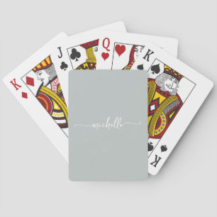 Elegant Chic Pale Sage Green Monogram Name Script  Playing Cards