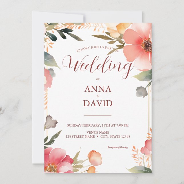 Elegant Chic Pastel Floral Watercolor Wedding Invitation (Front)
