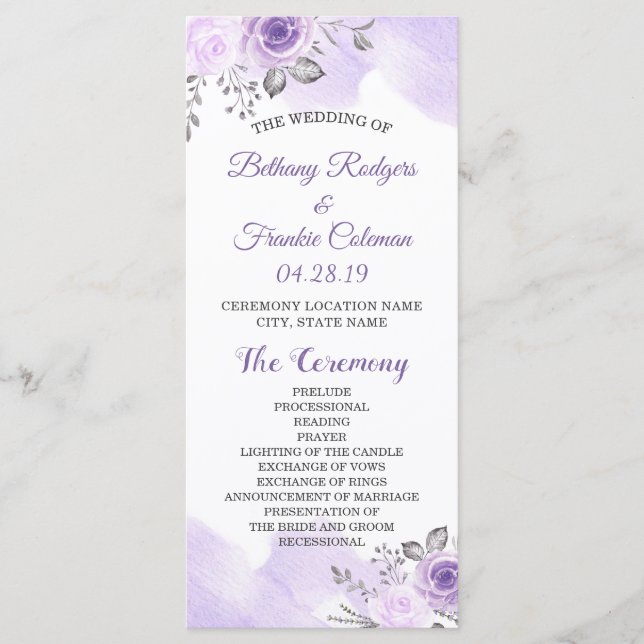 Elegant Chic Pastel Purple Flowers Wedding Program Programme (Front)