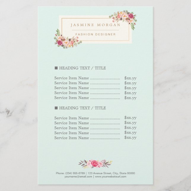 Elegant Chic Pastel Watercolor Floral Price Flyer (Front)