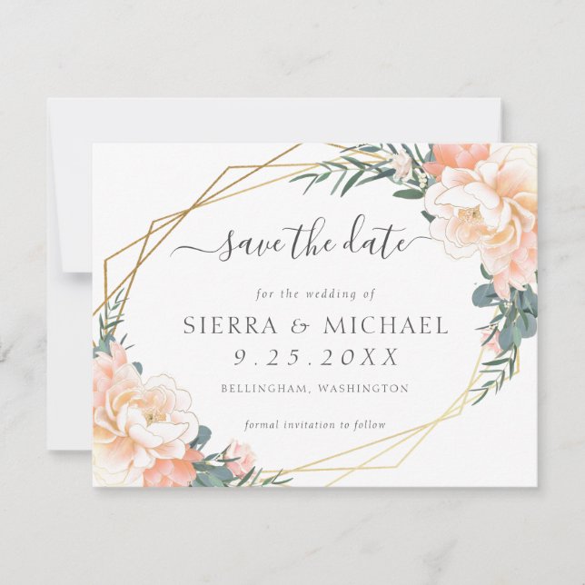 Elegant Chic Peach Cream Gold Floral Save the Date Invitation (Front)