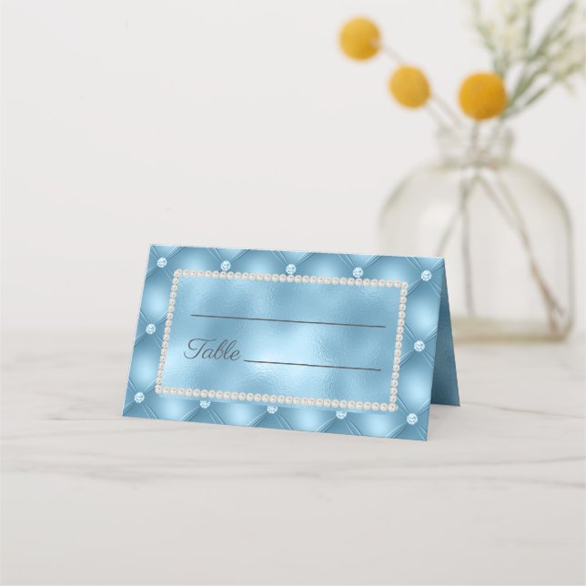 Elegant Chic Pearls Baby Blue Place Card (Front)