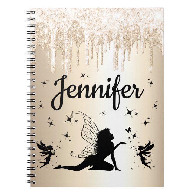 elegant chic personalised gold glitters fairy notebook (Front)
