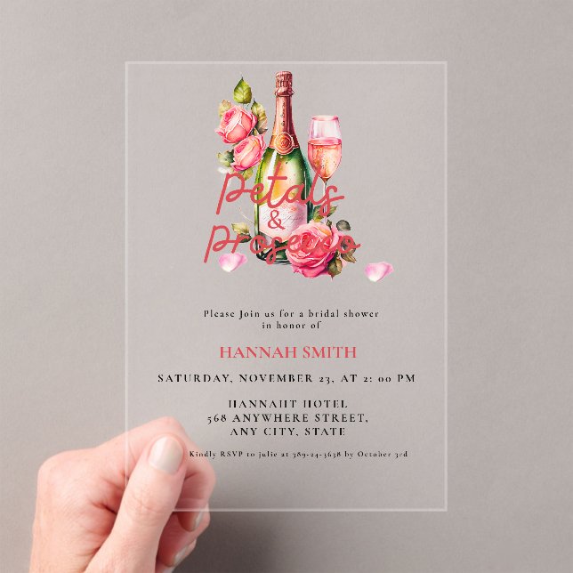 Elegant & Chic Petals and Prosecco Bridal Shower Acrylic Invitations (Insitu (Handheld))