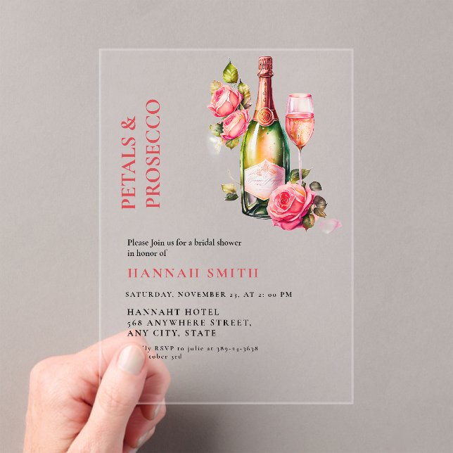 Elegant & Chic Petals and Prosecco Bridal Shower Acrylic Invitations (Insitu (Handheld))