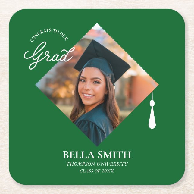 Elegant Chic Photo Script Graduation Party Custom  Square Paper Coaster (Front)