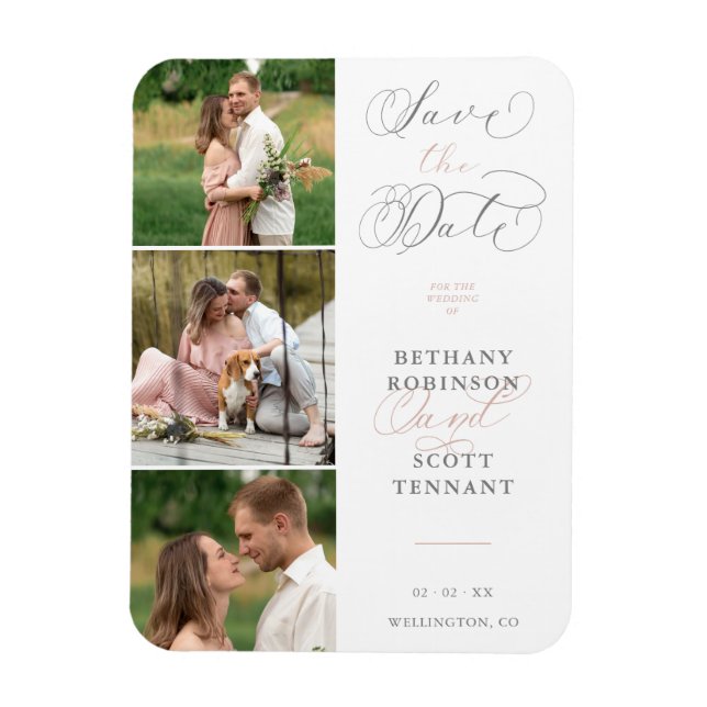 Elegant Chic Pink 3 Photos Sophisticated Wedding Magnet (Vertical)