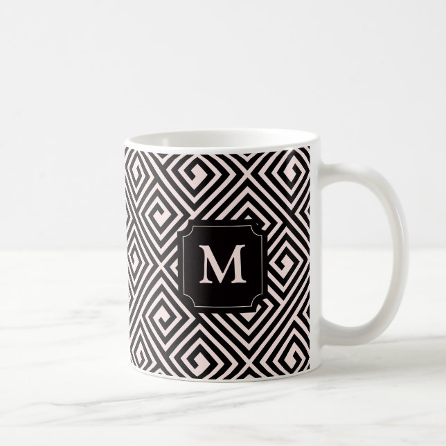 Elegant Chic Pink Black Greek Key Pattern Monogra Coffee Mug (Right)