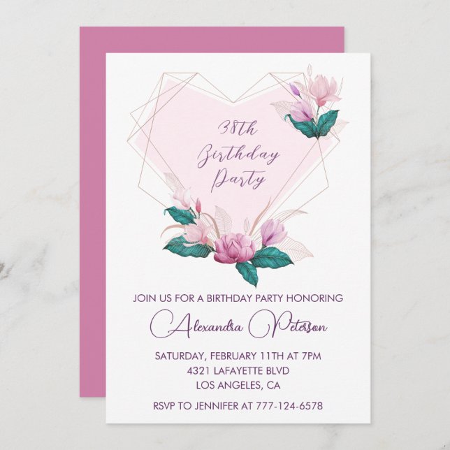 Elegant Chic Pink Floral 38th birthday Invitation (Front/Back)