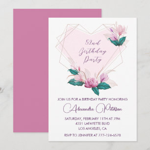 Elegant Chic Pink Floral 52nd birthday Invitation